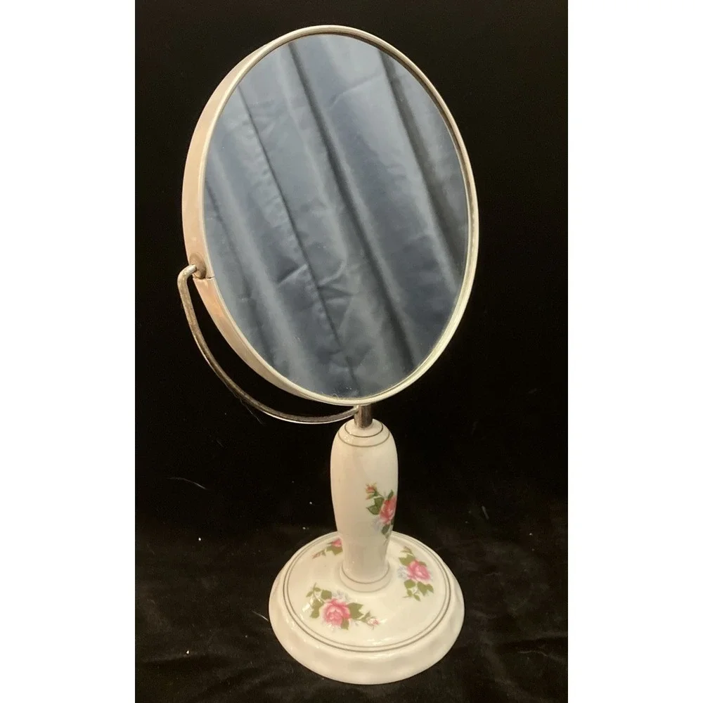 Vintage Moss Rose Vanity Mirror Pink Porcelain Pedestal Double Sided Magnifying